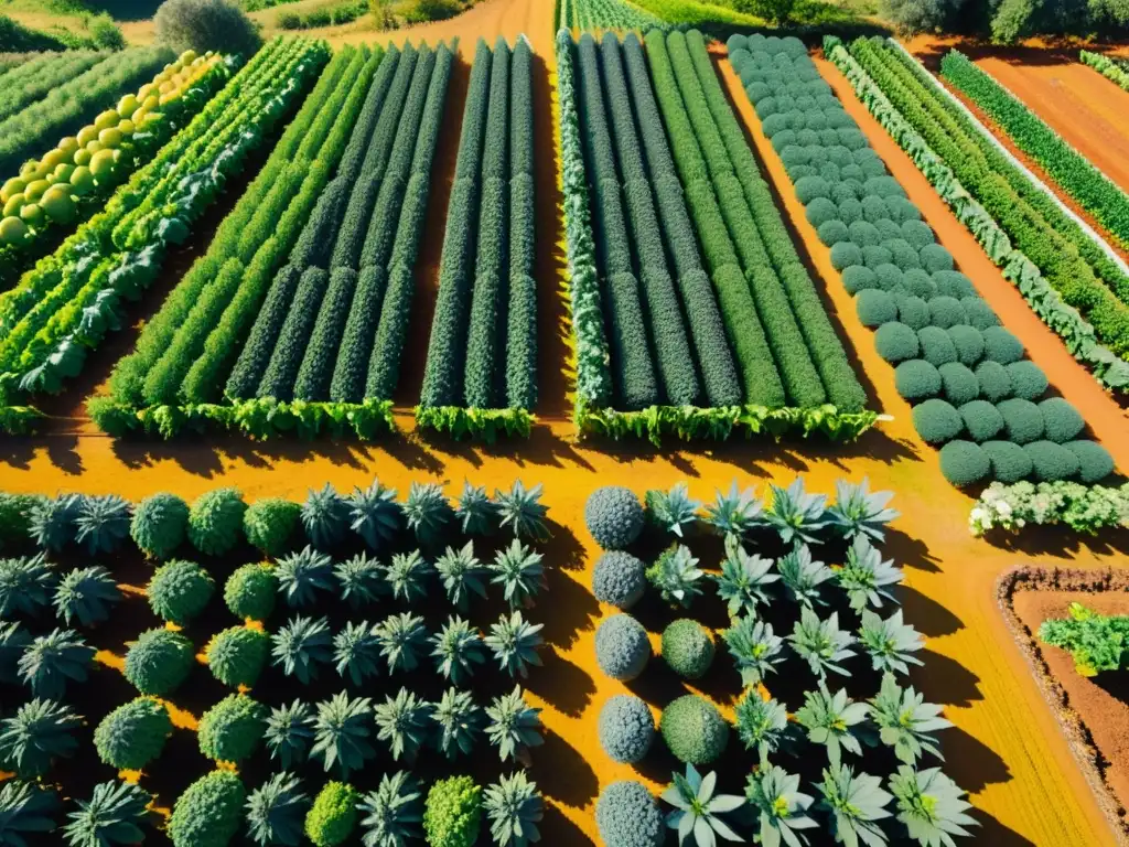 Un paisaje vibrante y exuberante de una granja orgánica con frutas y verduras, bañado por el cálido sol