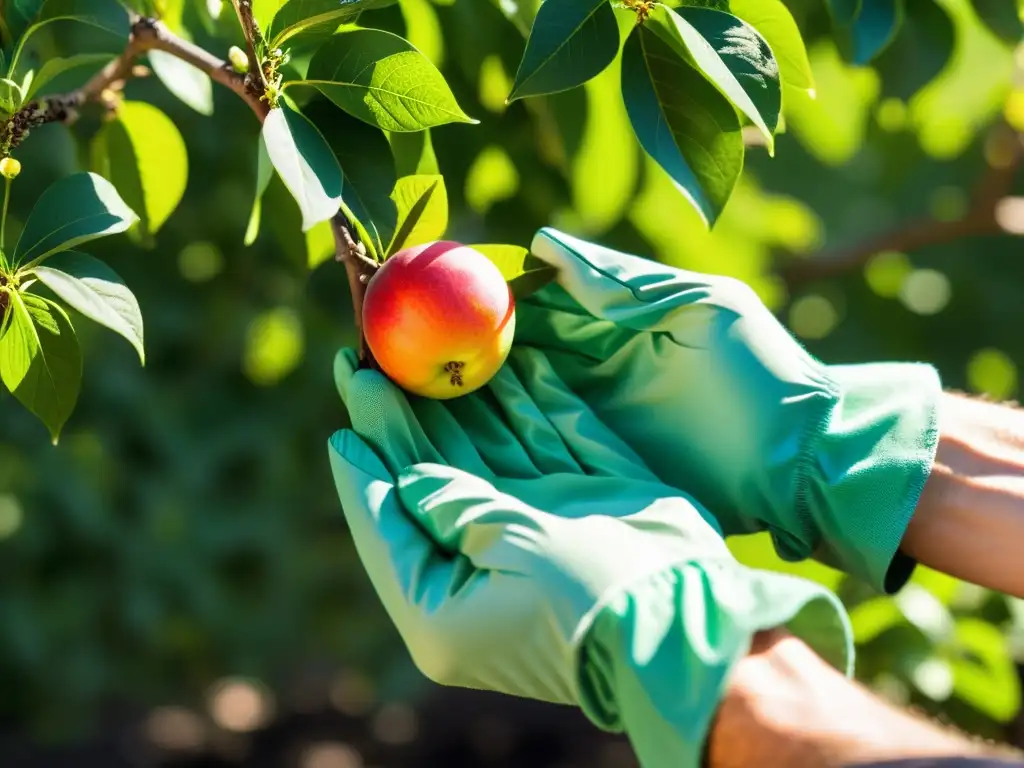 Un par de manos podando con delicadeza un árbol frutal en agricultura orgánica, con destreza y cuidado, bajo la luz del sol entre las hojas