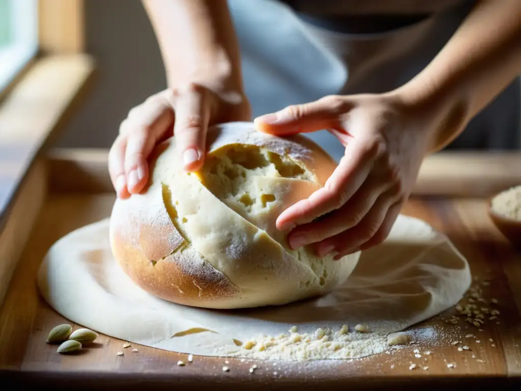 Un par de manos expertas amasan con cuidado una bola de masa de pan orgánico en una superficie de madera