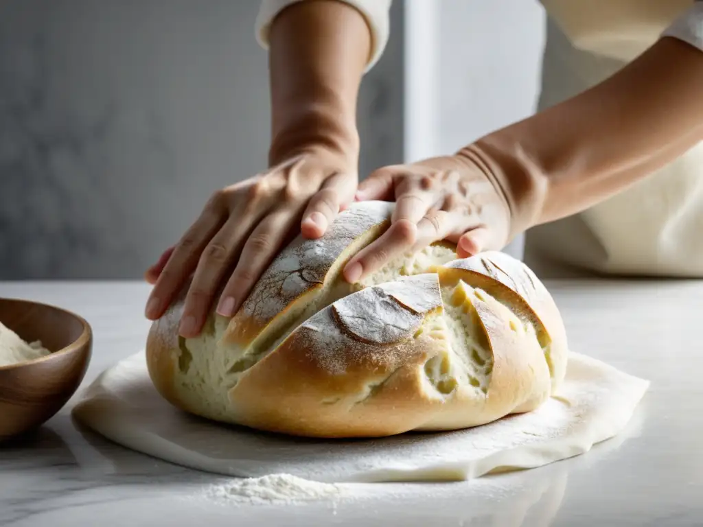 Un par de manos expertas amasan con cuidado una masa de pan orgánico artesanal sobre una elegante encimera de mármol blanco, capturando la belleza y precisión del proceso de panificación