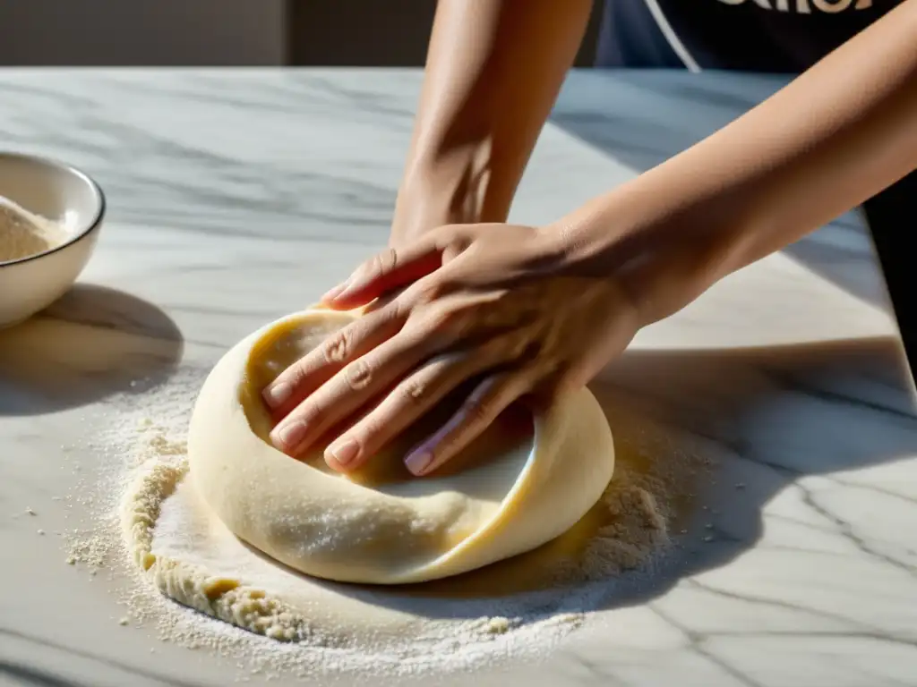 Un par de manos expertas amasan con destreza una bola de masa en una encimera de mármol, creando recetas de pan orgánico casero con amor y cuidado