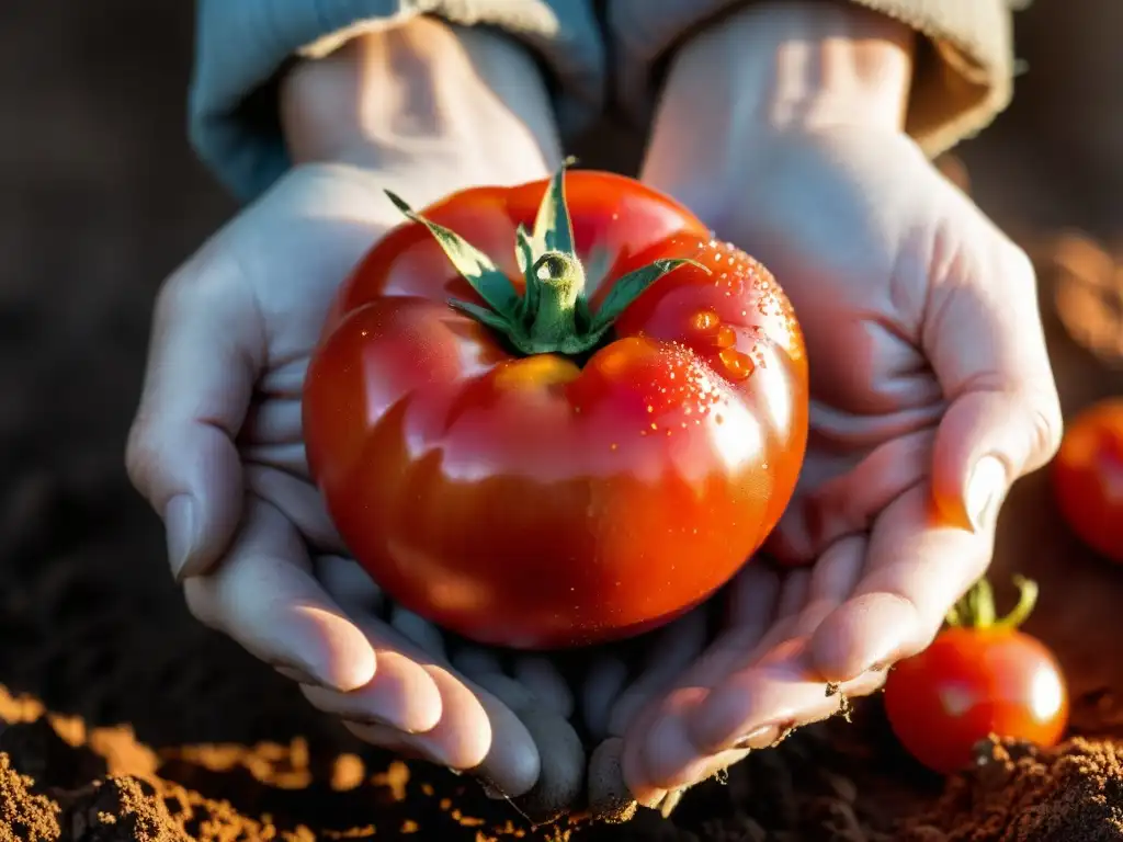 Un par de manos trabajadas sostienen con cuidado un tomate rojo vibrante sobre tierra fértil