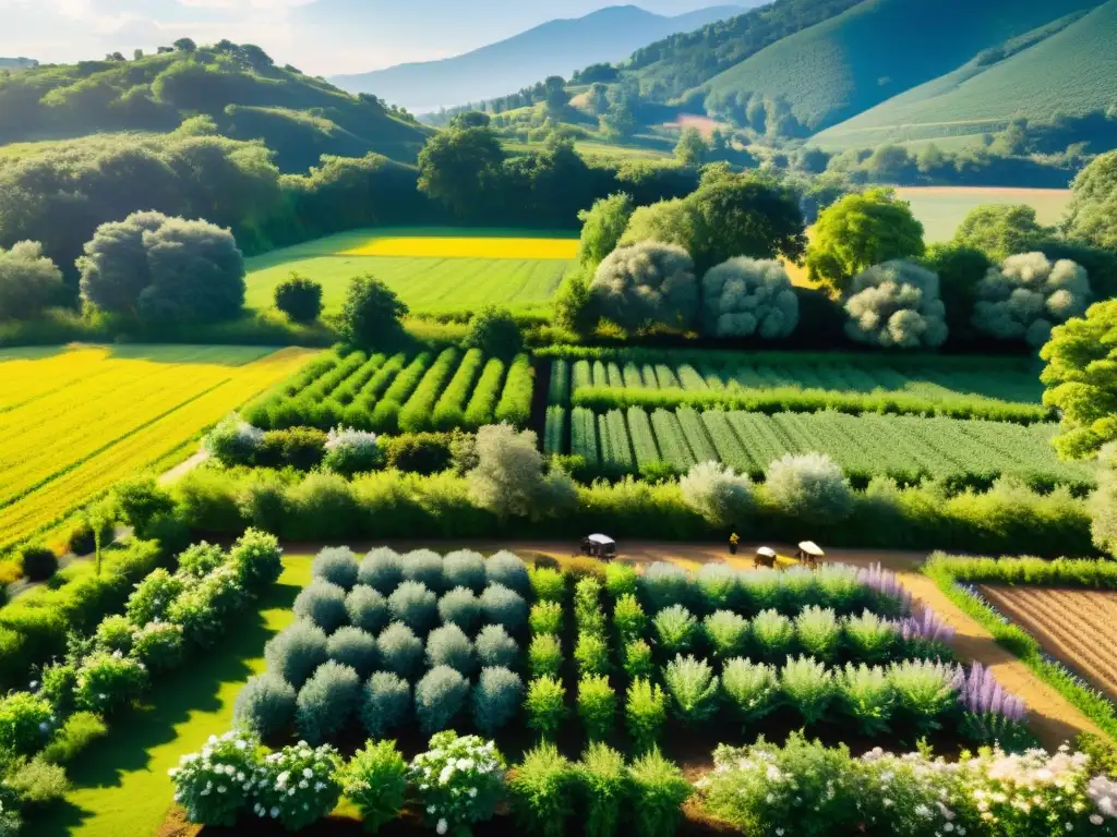 Un paraíso agroforestal con exuberante vegetación, cultivos diversos y árboles frutales en armonía