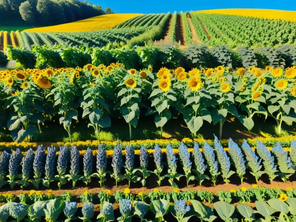 Un paraíso biodiverso en una granja orgánica, con frutas y vegetales coloridos bajo un cielo azul