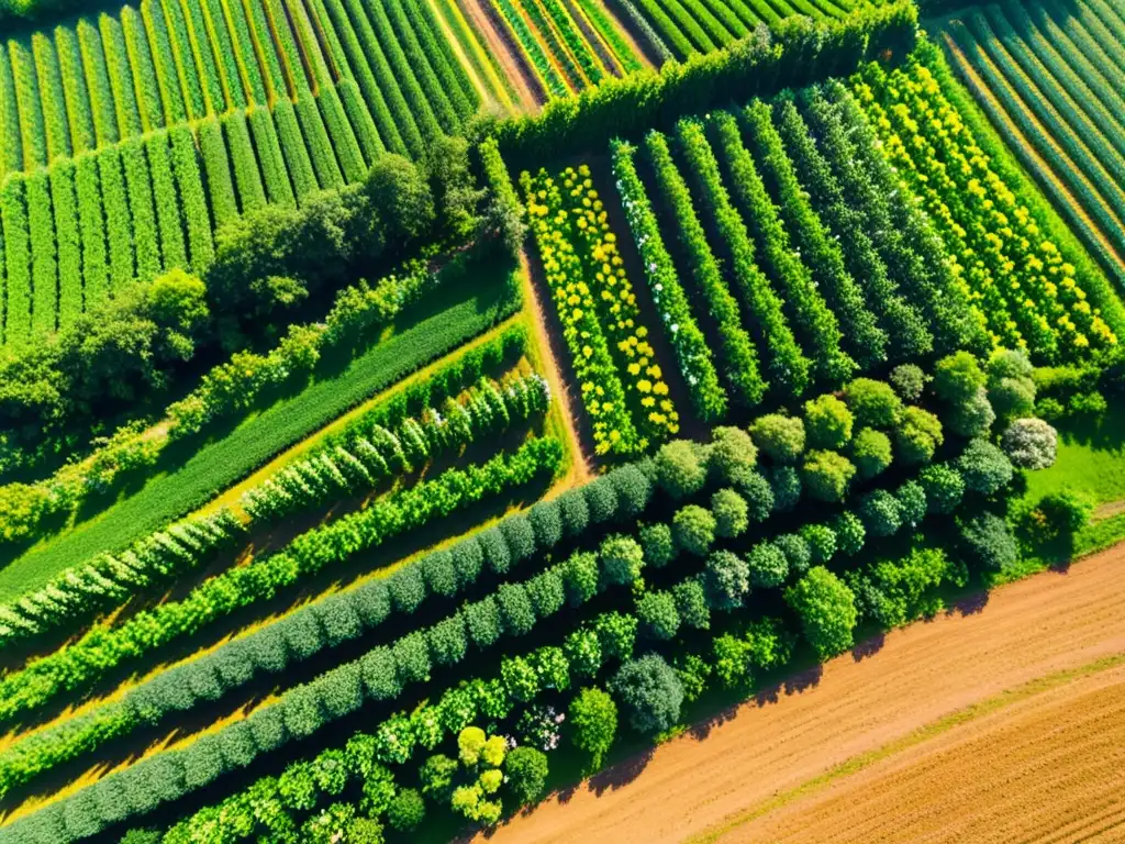 Un paraíso agrícola orgánico: cultivos verdes, árboles frutales, flores y sombras doradas bajo el sol