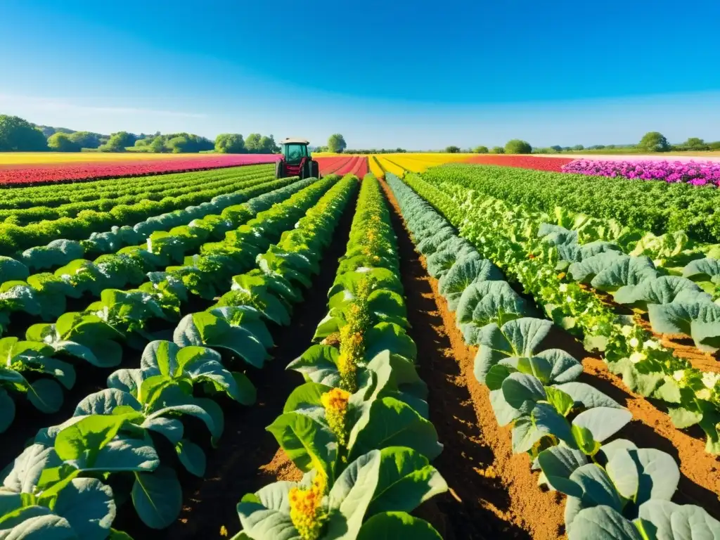 Un paraíso ecológico de alimentos orgánicos con cultivos exuberantes y coloridos bajo el cielo azul