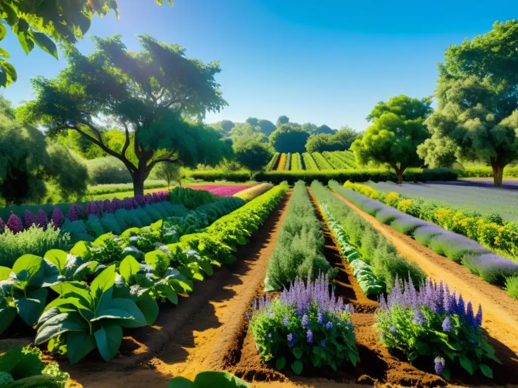 Un paraíso de biodiversidad con frutas y verduras coloridas, abejas y mariposas entre flores silvestres, y árboles nativos