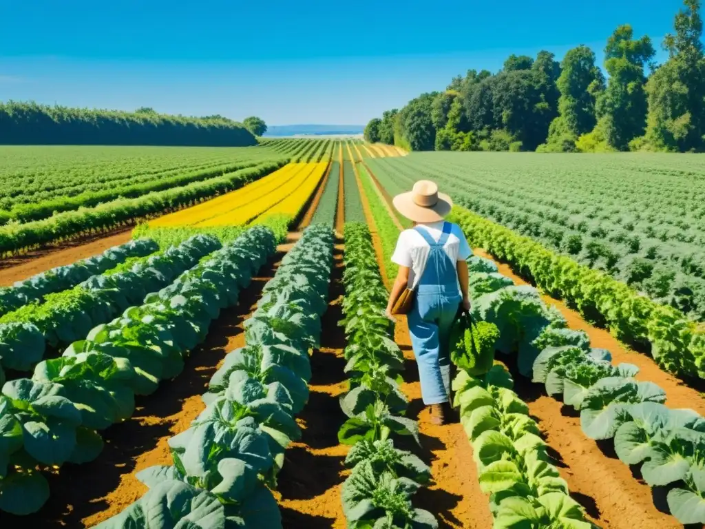 Un paraíso de granja orgánica con un agricultor inspeccionando cultivos saludables