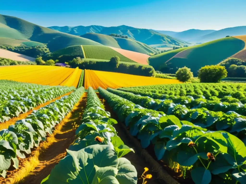 Un paraíso de biodiversidad en una granja orgánica, con cultivos diversos, colinas onduladas y un cielo azul