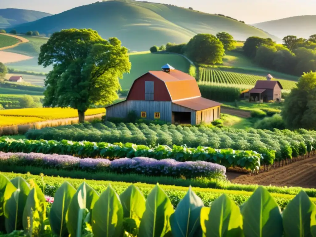 Granja orgánica vibrante: armonía natural y diversidad Un paraíso de granja orgánica con cultivos vibrantes y diversidad natural