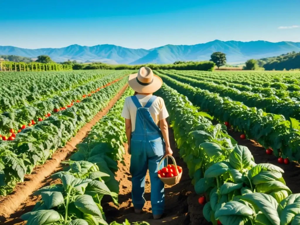 Un paraíso de granja orgánica con cultivos ordenados bajo un cielo azul