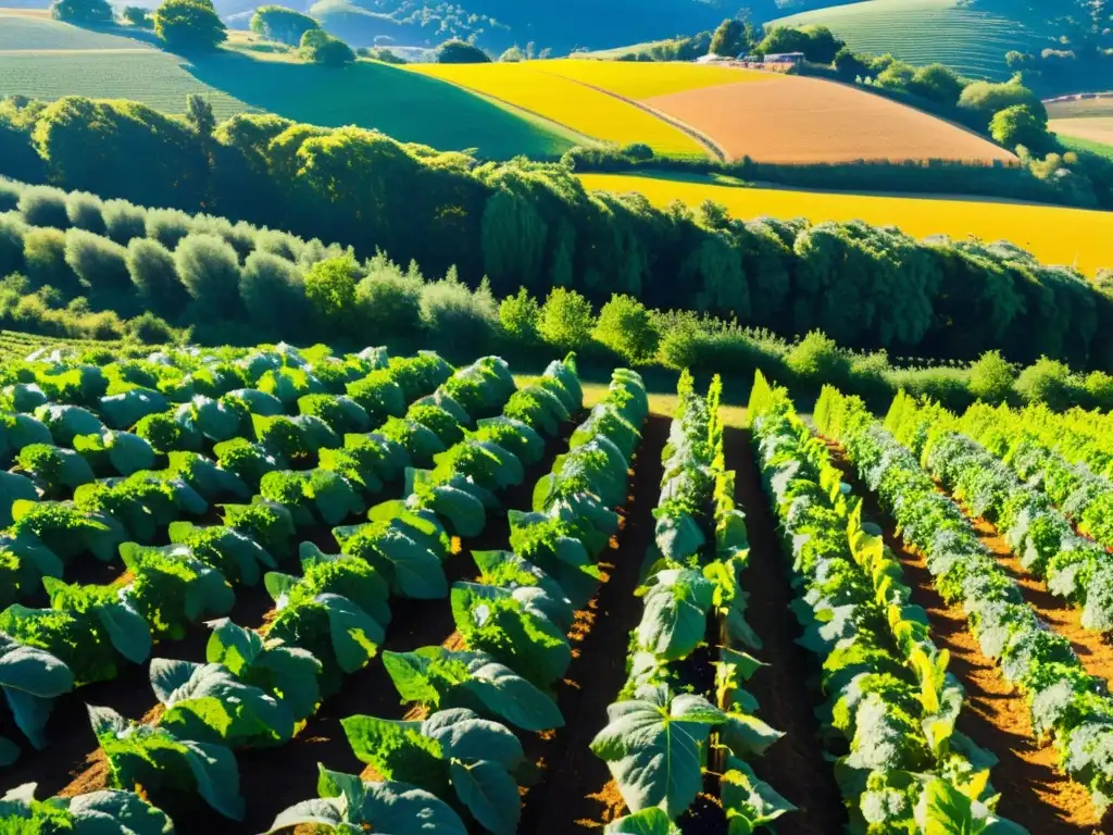 Un paraíso de granja orgánica con cultivos coloridos, abejas y mariposas, irradiando abundancia y serenidad