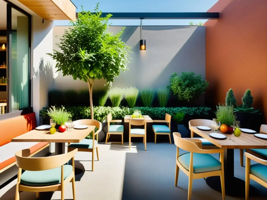 Un patio de restaurante orgánico con jardín exuberante y mobiliario de madera, irradiando tranquilidad y sostenibilidad