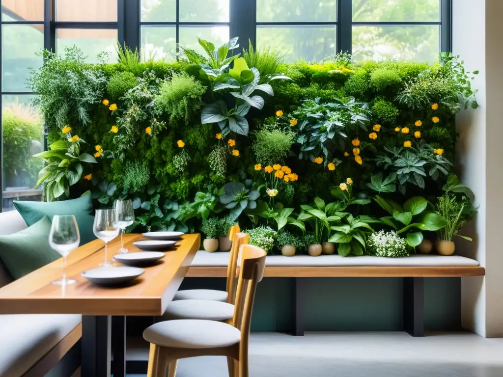 En el patio de un restaurante orgánico, una mesa bellamente decorada con platos orgánicos y rodeada de plantas, emite serenidad y tranquilidad