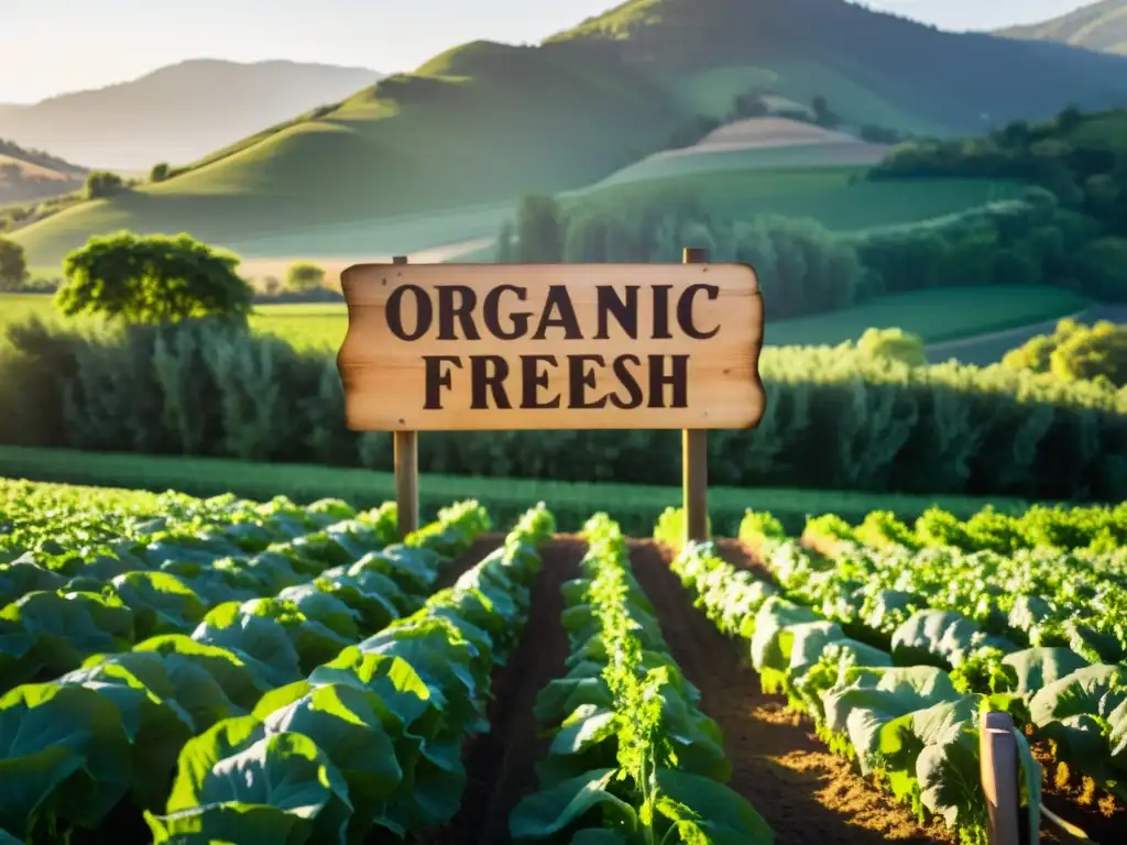 Granja orgánica al atardecer: sostenibilidad y tranquilidad Pequeña granja orgánica familiar en un valle verde, con cultivos vibrantes