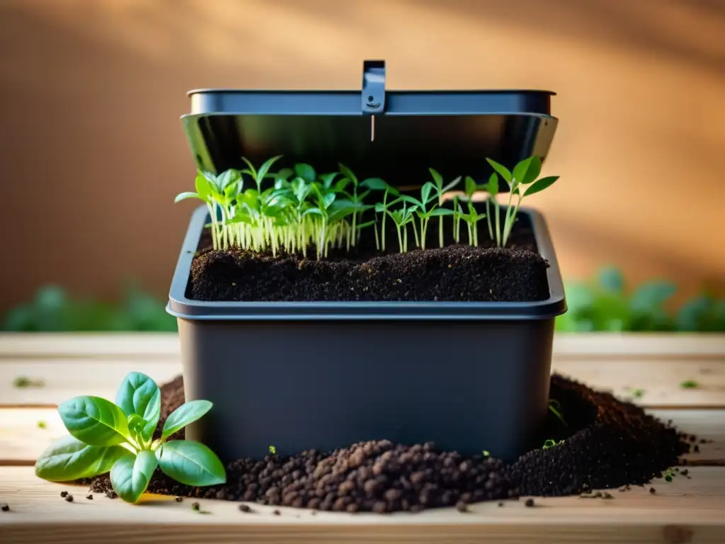 Pequeño compostador casero lleno de tierra orgánica fértil, rodeado de brotes verdes y plántulas