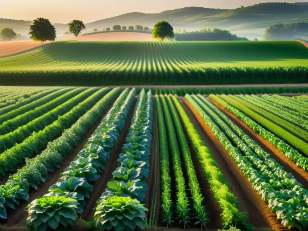 Pequeños productores alimentos orgánicos: Amanecer en una granja orgánica con cultivos vibrantes y serenidad natural