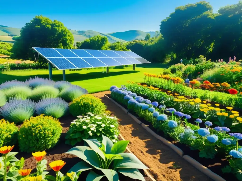 Un jardín de permacultura bañado por el sol con plantas exuberantes y paneles solares