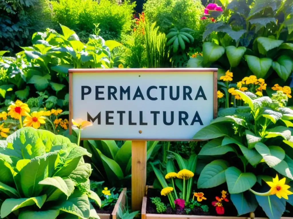 Jardín exuberante de permacultura con camas elevadas llenas de vegetales y frutas vibrantes