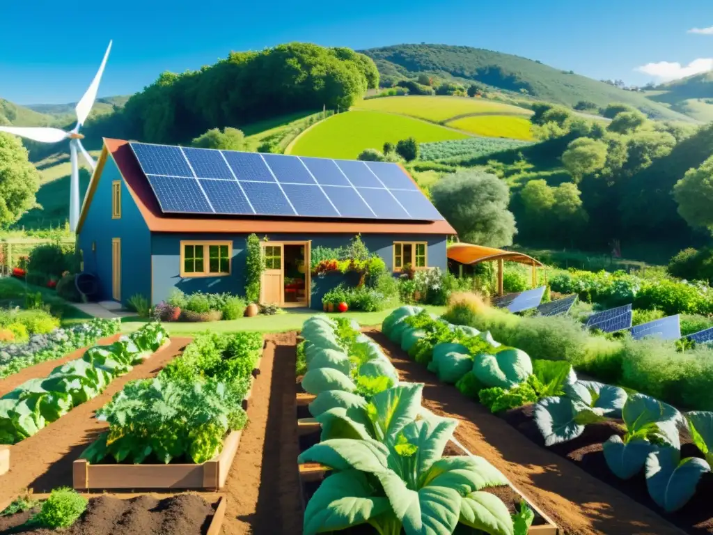 Jardín de permacultura con cultivos vibrantes y energías renovables, reflejando autosuficiencia ecoamigable en el paisaje