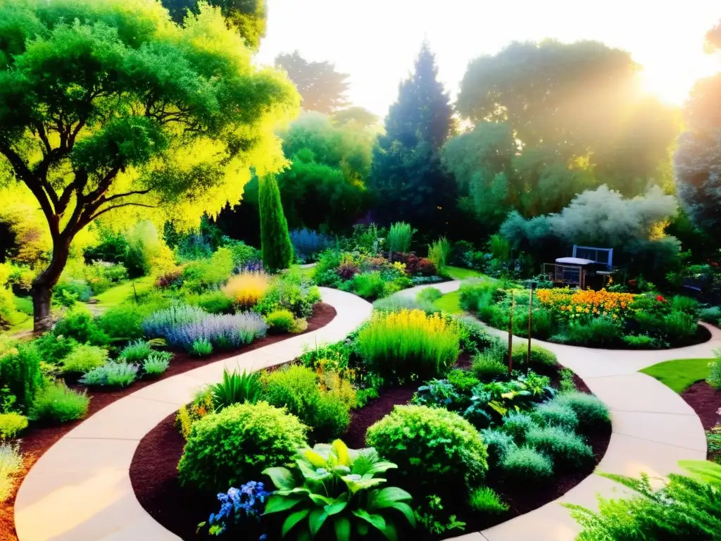 Jardín de permacultura con diseño paisajístico comestible, repleto de vida y naturaleza en armonía con el entorno natural