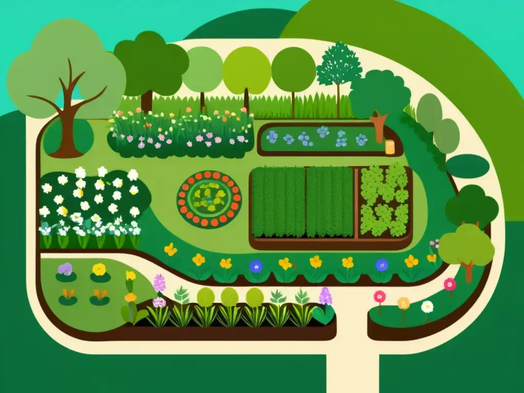 Jardín de permacultura diverso y próspero con vegetales y frutas vibrantes