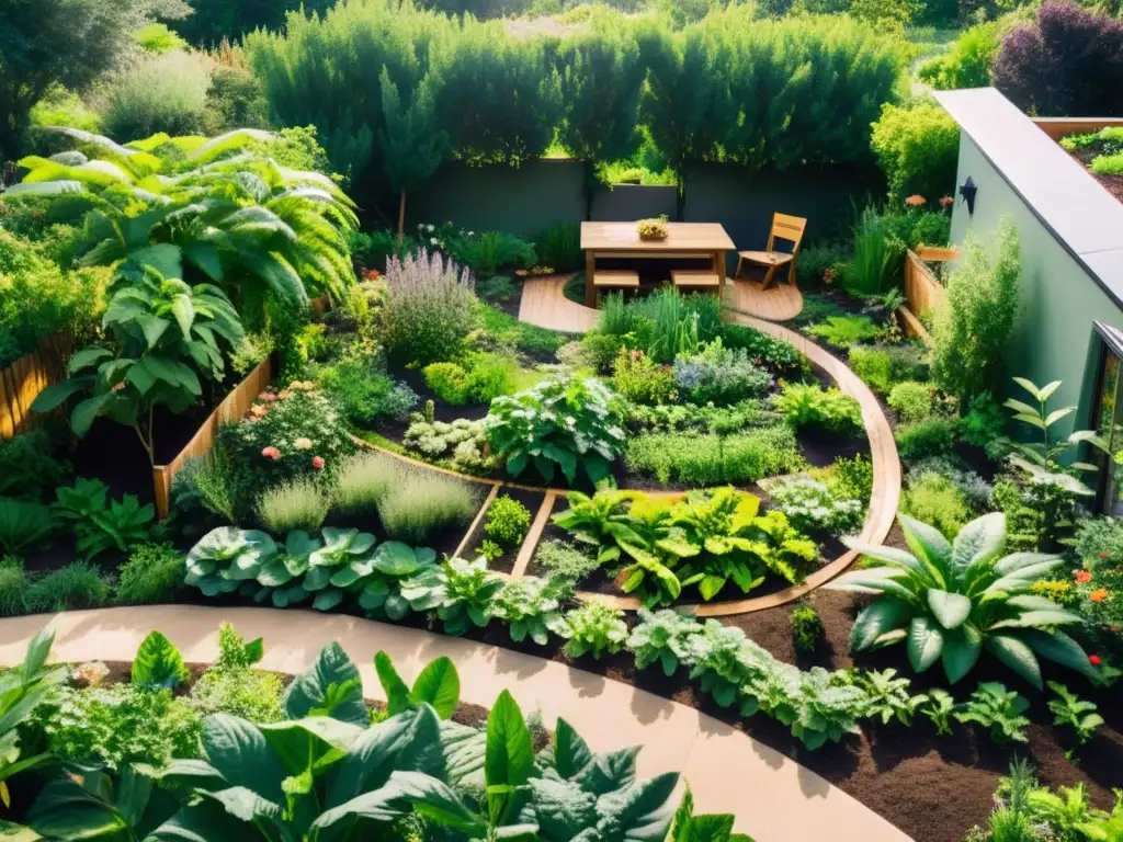 Un jardín de permacultura exuberante y armonioso con prácticas para regeneración del suelo