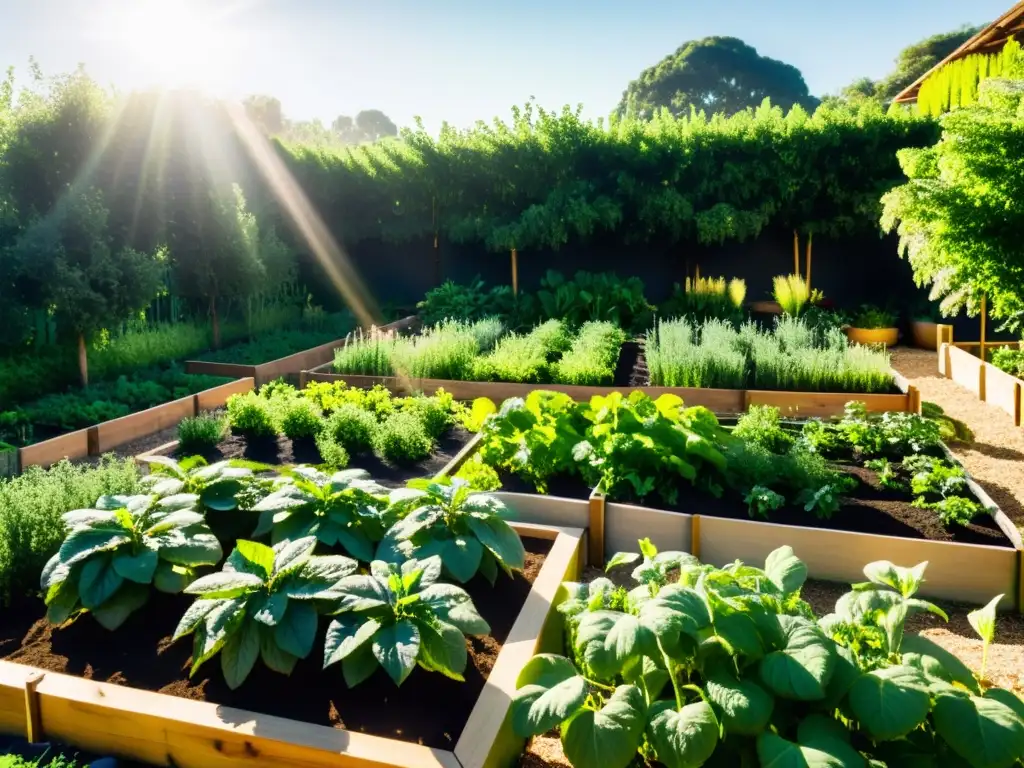 Un jardín de permacultura exuberante con camas elevadas meticulosamente dispuestas, vegetales y hierbas