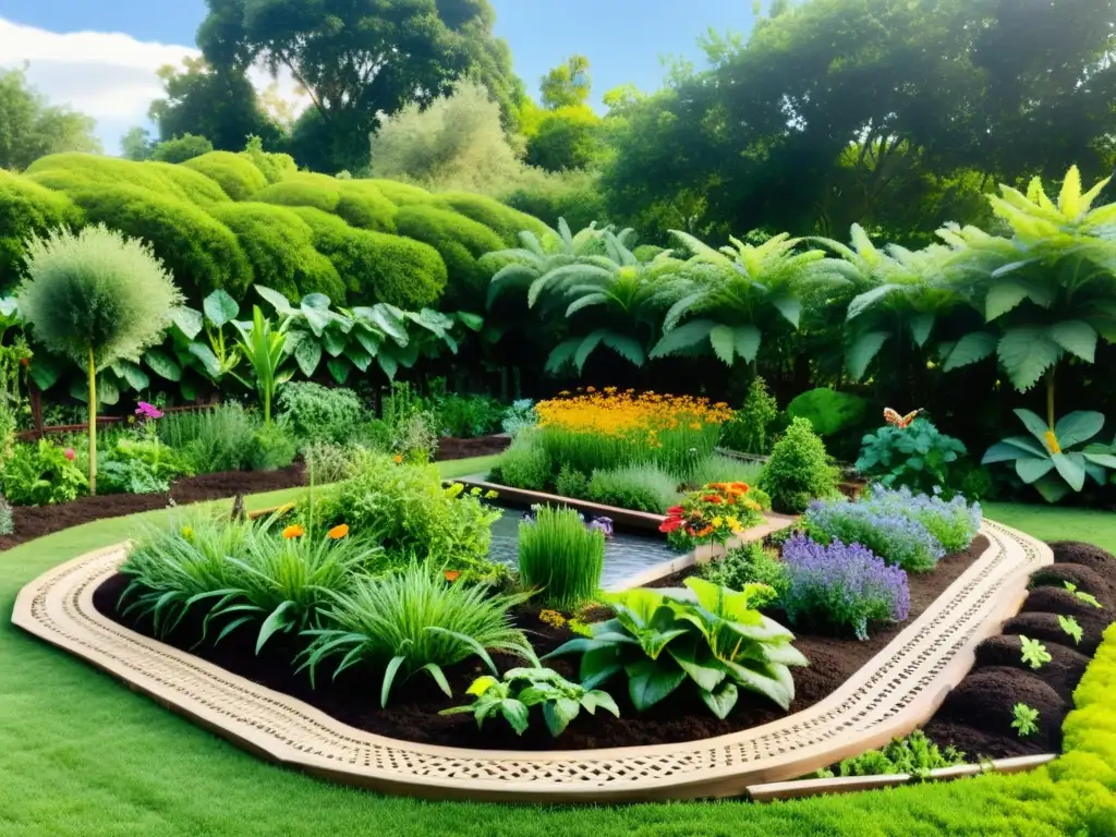 Jardín de permacultura exuberante con camas elevadas y variedad de frutas, verduras y hierbas