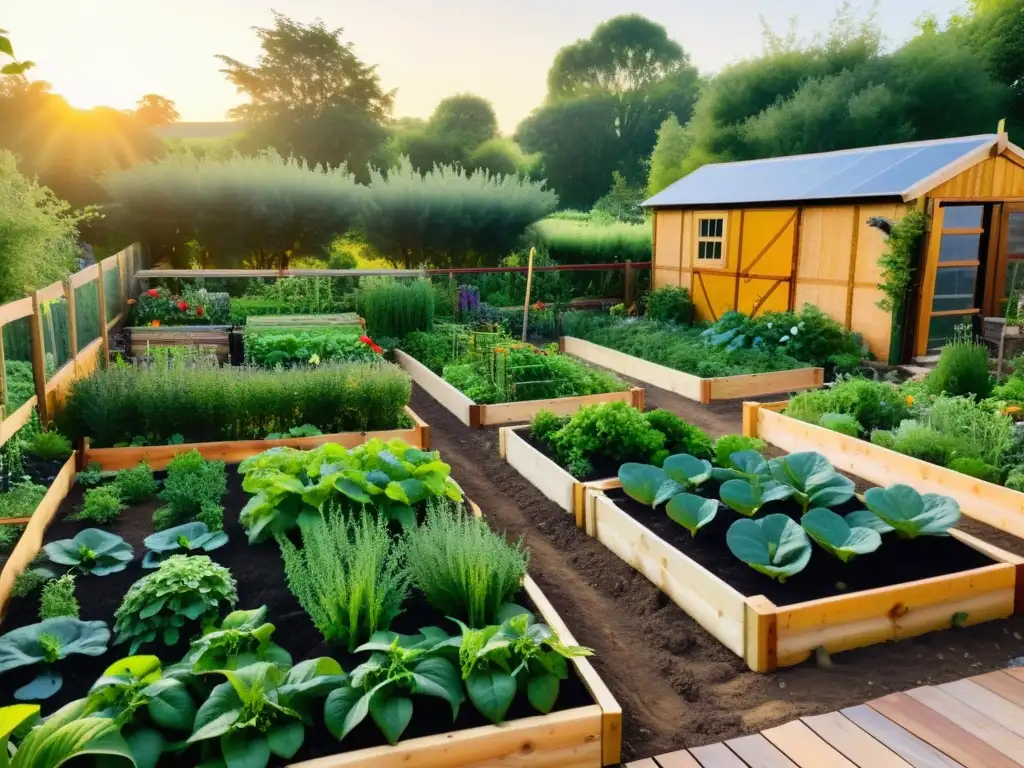 Un jardín de permacultura exuberante con camas elevadas de vegetales y hierbas vibrantes