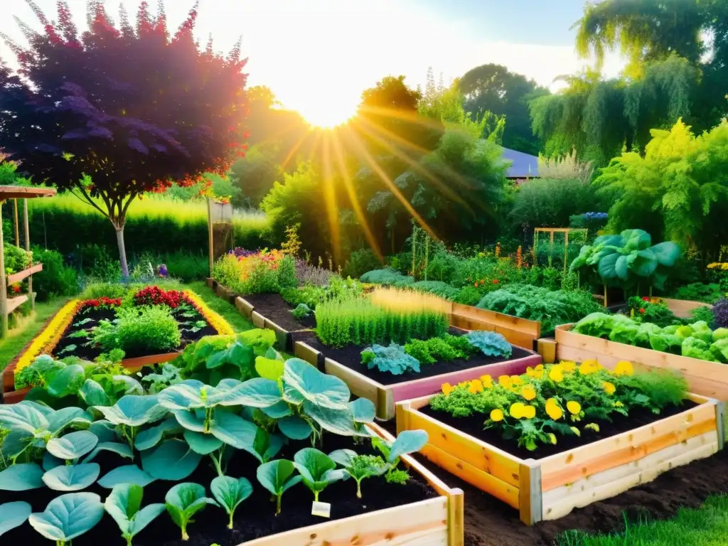 Un jardín de permacultura exuberante con camas elevadas ordenadas rebosantes de vegetales y frutas coloridos