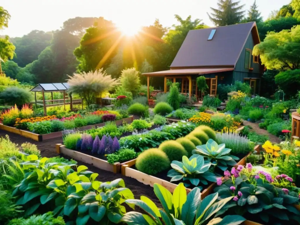 Jardín de permacultura exuberante con cultivos orgánicos sostenibles en armonía, radiando vitalidad y equilibrio ecológico