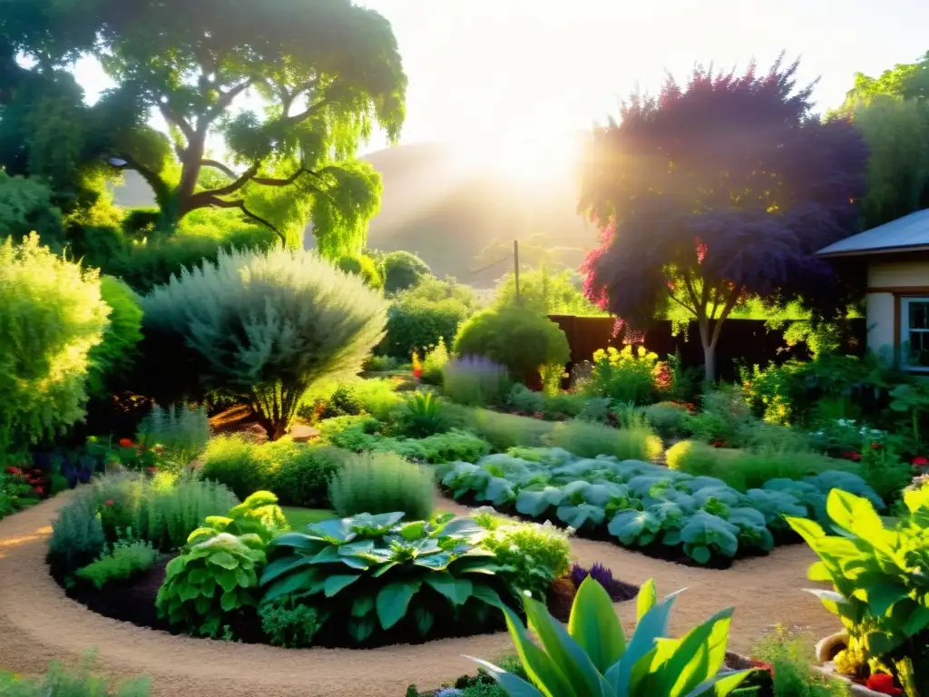 Jardín de permacultura exuberante con diversa vida vegetal y manejo eficiente de aguas, bañado por cálida luz dorada