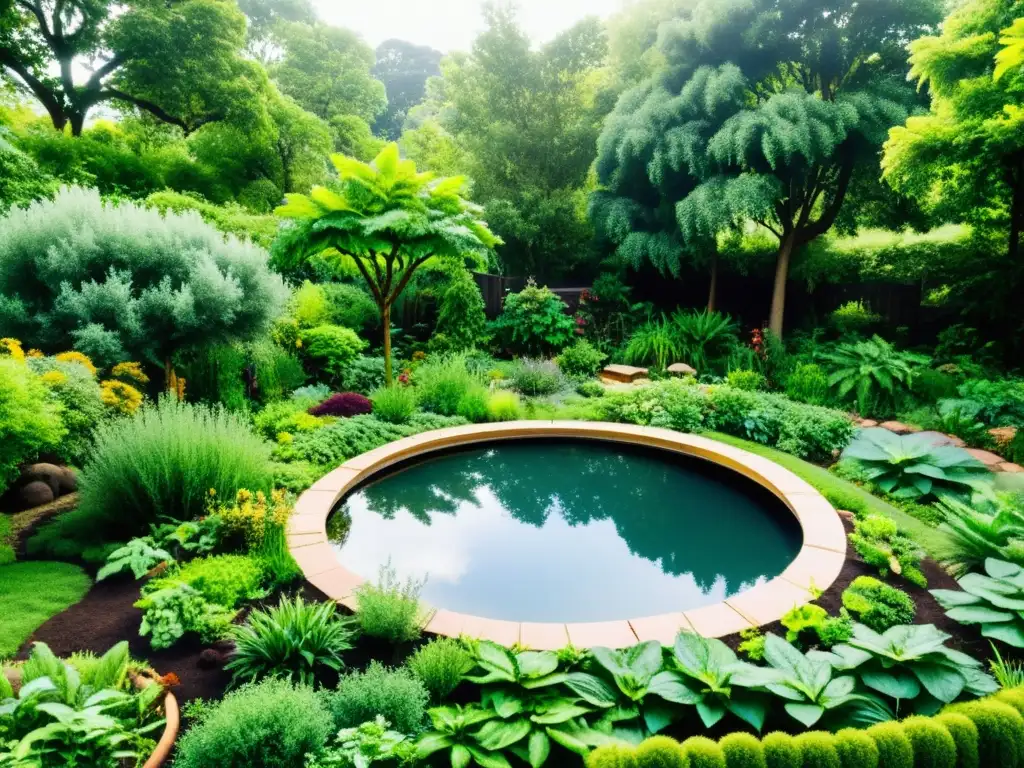 Jardín de permacultura exuberante y diverso Un jardín de permacultura exuberante, diverso y armonioso, con árboles frutales, hierbas y hortalizas