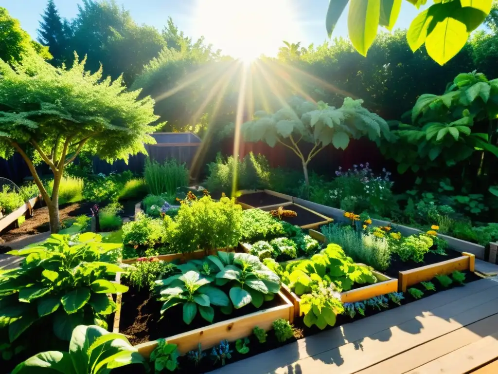 Un jardín de permacultura exuberante y diverso, con frutas, verduras y hierbas en camas elevadas y arreglos de plantación compañera