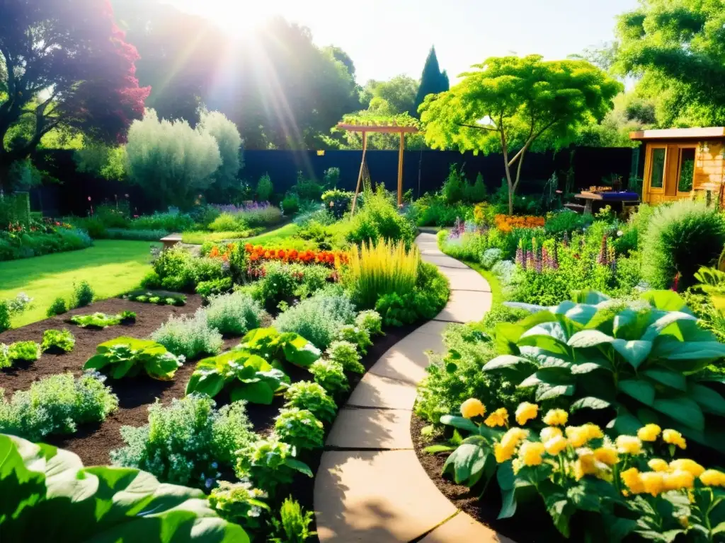 Un jardín de permacultura exuberante y diverso, con frutas, verduras y flores