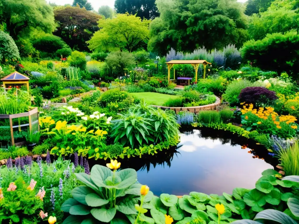 Jardín permacultural próspero y biodiverso Un jardín de permacultura exuberante y diverso con plantas de frutas, verduras y flores, armoniosamente prósperas