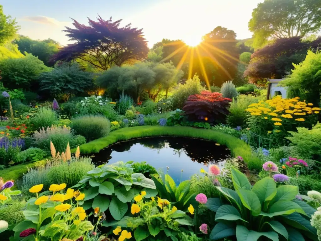 Un jardín de permacultura exuberante y diverso, rebosante de vida y color