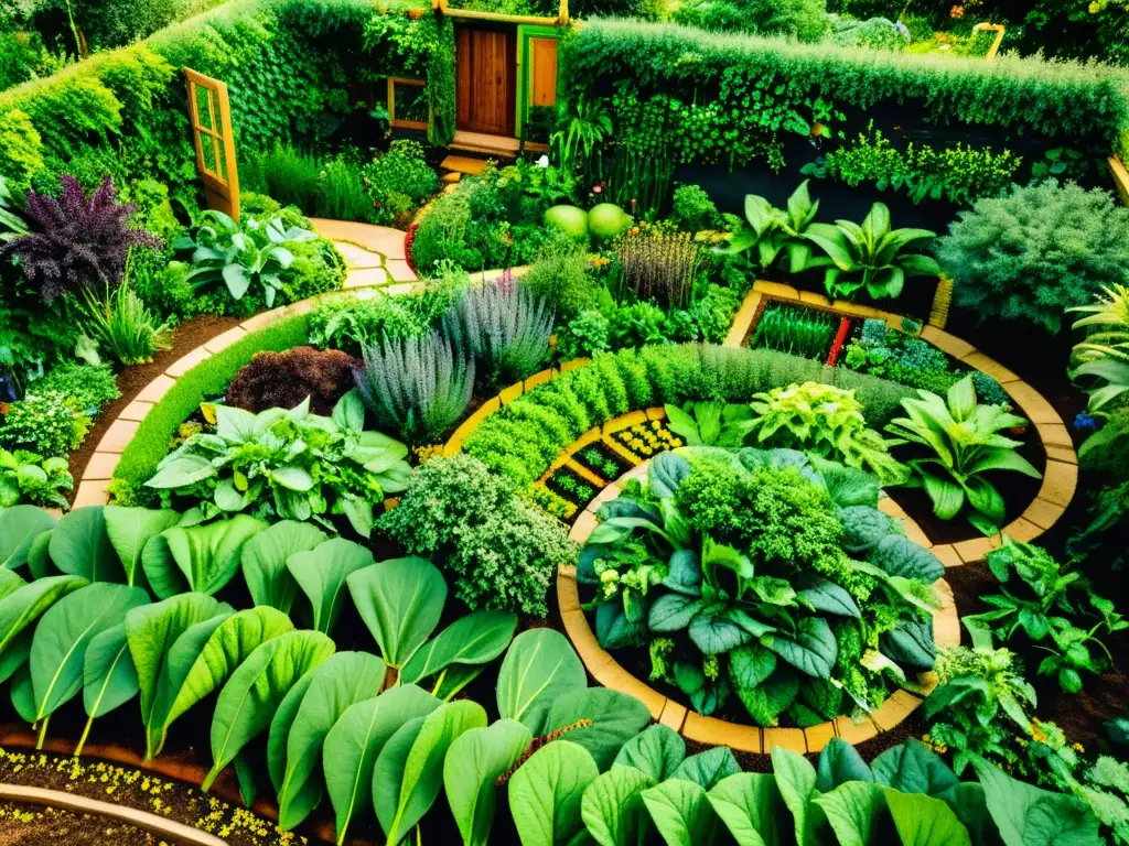 Un jardín de permacultura exuberante y eficiente, con una diversidad de vegetales, frutas y hierbas en armonía