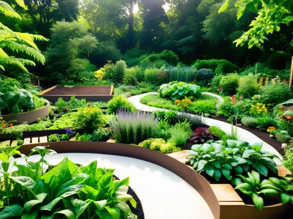 Un jardín de permacultura exuberante, lleno de plantas vibrantes y saludables, enriqueciendo el suelo en un sistema permacultura