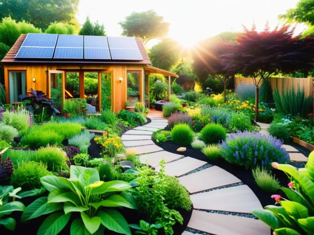 Un jardín de permacultura exuberante, con plantas vibrantes bajo el cálido sol, rodeado de paneles solares