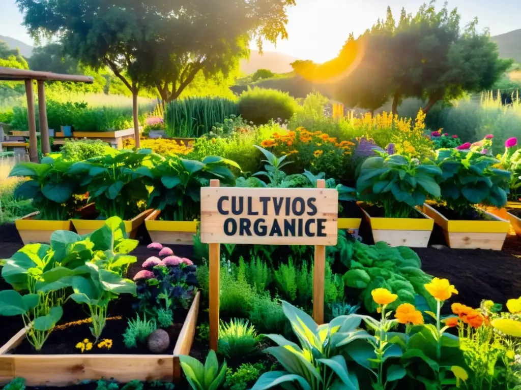 Un jardín de permacultura exuberante y próspero, con hileras ordenadas de camas elevadas rebosantes de hortalizas y hierbas coloridas