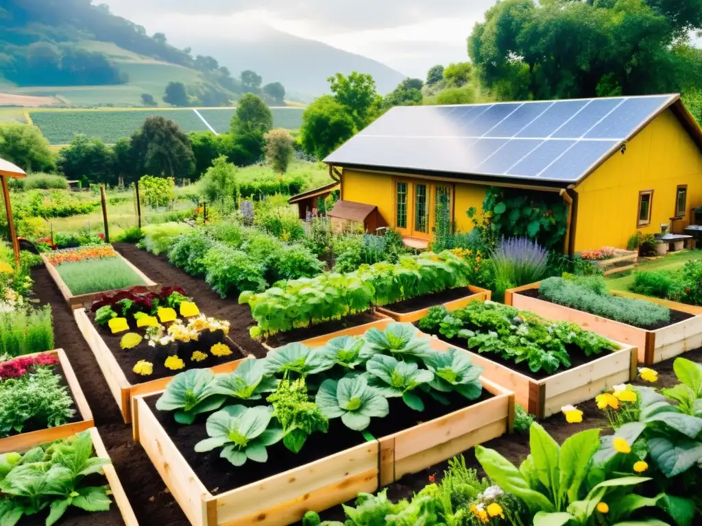 Un jardín de permacultura exuberante y próspero con huertos ordenados llenos de frutas, verduras y hierbas coloridas