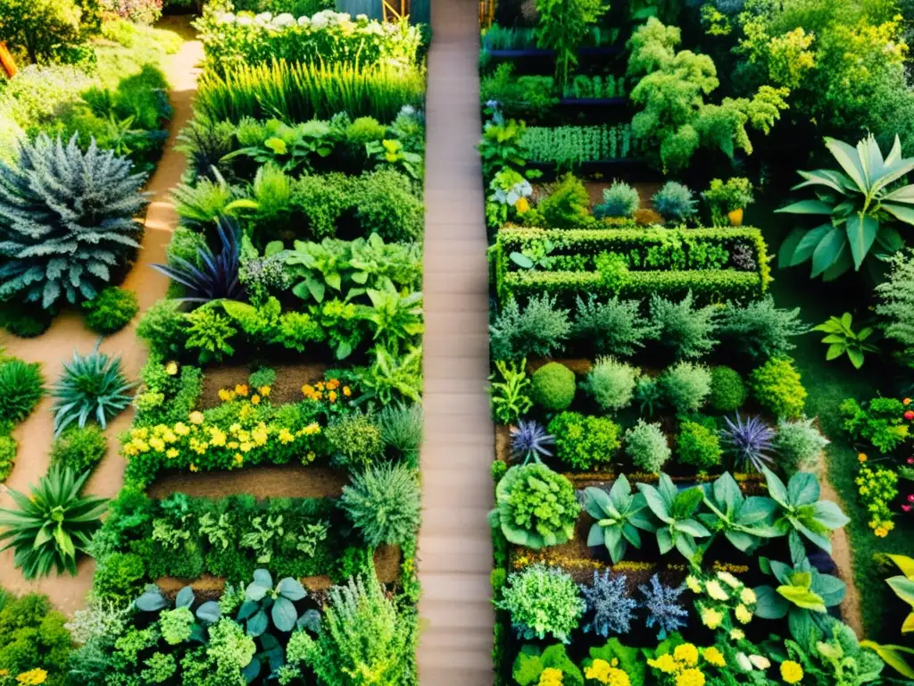 Un jardín de permacultura exuberante y próspero, con una variedad diversa de plantas, rodeado por una granja sostenible