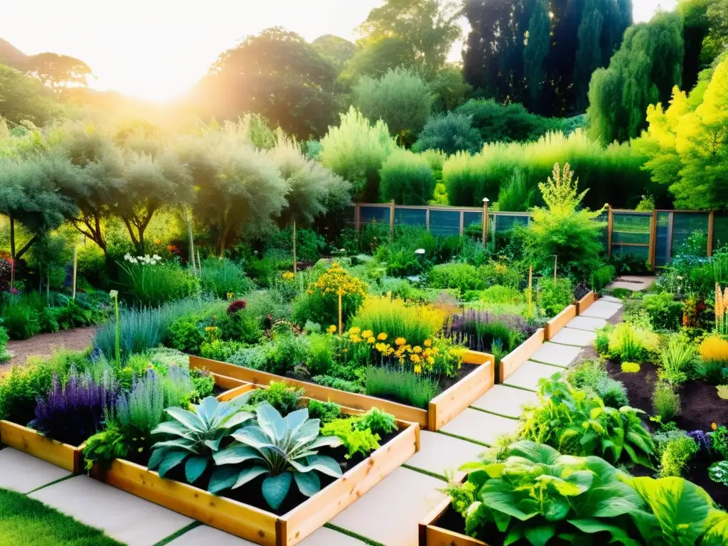 Un jardín de permacultura exuberante, repleto de plantas y vegetales vibrantes y saludables, con animales y un ambiente sereno