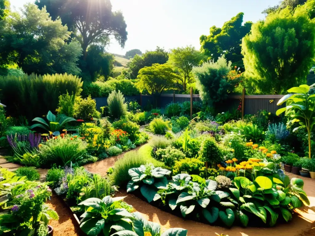 Un jardín de permacultura exuberante y sostenible, rebosante de vida y armonía entre plantas, mariposas y abejas