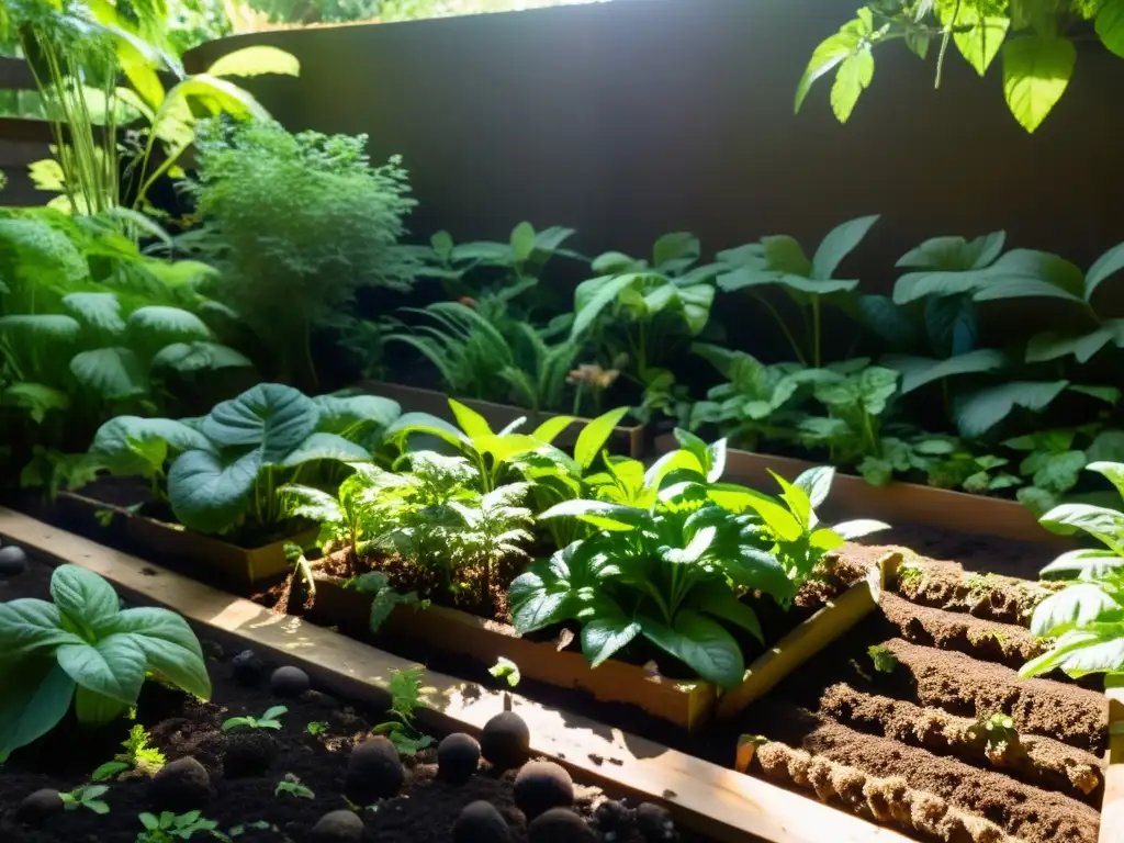 Un jardín de permacultura exuberante, con suelo oscuro y fértil lleno de vida