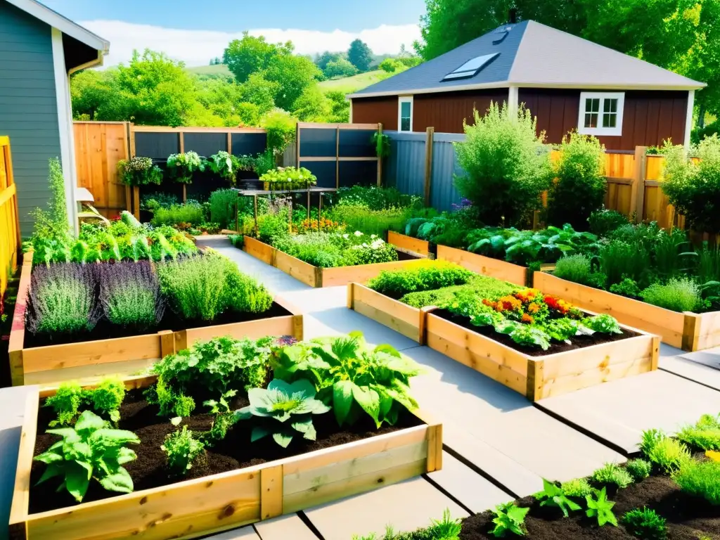 Jardín de permacultura exuberante enriqueciendo suelo con variedad de plantas, frutas y hierbas