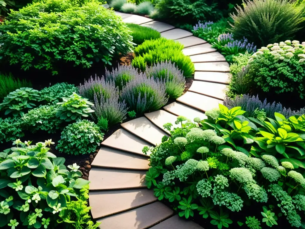 Jardín de permacultura exuberante con variadas plantas de cobertura del suelo, creando una vibrante paleta de texturas y colores