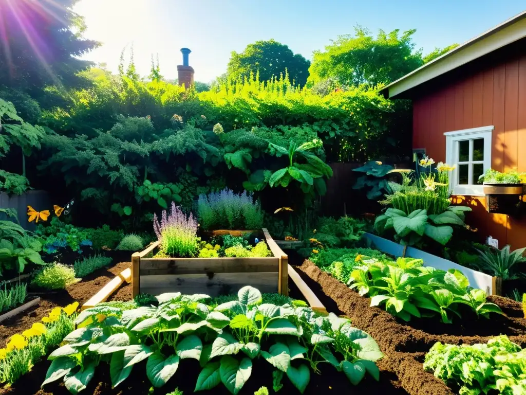 Un jardín de permacultura exuberante con variedad de vegetales, frutas y hierbas, resaltando la belleza natural del compostaje y permacultura